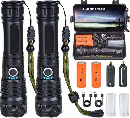 Zaklamp LED Portatile - Prestazioni Elevate - Utilizzo per Campeggio e Tattico - Molto Brillante - Estremamente Portatile - Trekking - 10.000 Lumen - 5 Modi - Set da 2 Zaklamp