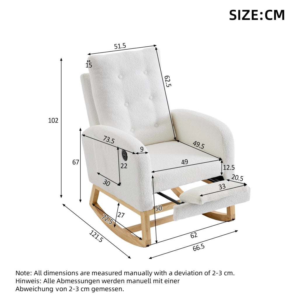 Sedia a dondolo 66.5x121.5x102 cm con poggiapiedi estraibile; tasche laterali; legno; bianco