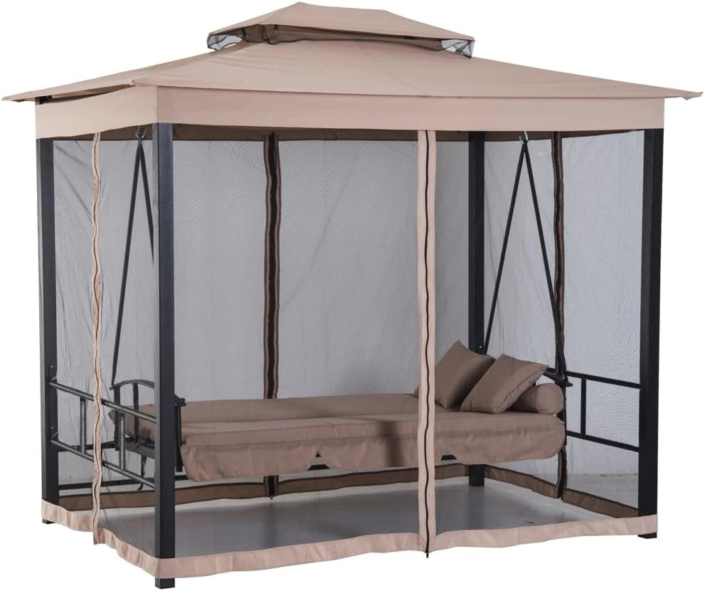 Gazebo Parasole da Giardino con Dondolo Letto e Zanzariere 3 posti, Modello Extra-Lusso Cleopatra, Amaca Altalena Trasformabile in Letto Matrimoniale, Colore Beige