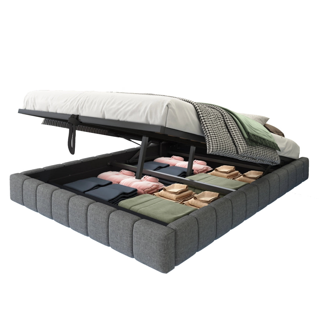 Letto imbottito 140x200 cm grigio in tessuto con LED e vano contenitore