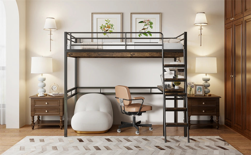 DESMIU Letto a soppalco singolo con scrivania, scaffali e scala 90 × 200 cm, senza materasso, in metallo, nero