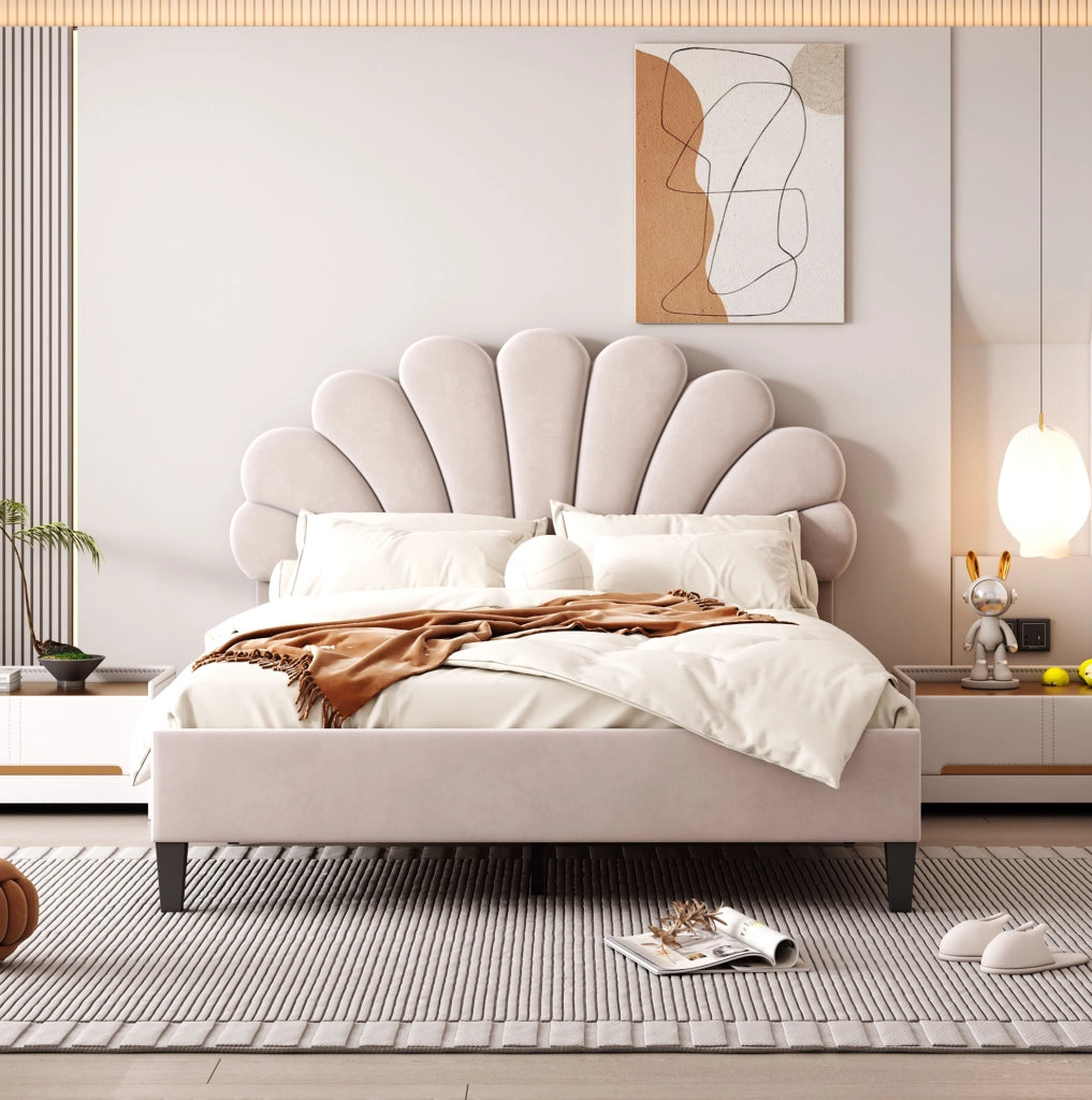 Letto imbottito 140×200 cm beige con testiera floreale