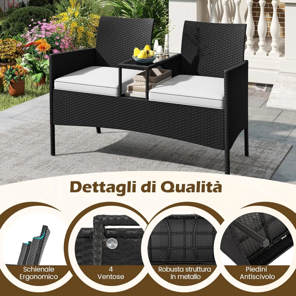 Panchina da Giardino in Rattan PE 62 x 124 x 84 cm, Divano da Esterno con Tavolino in Vetro Temperato e Cuscini Imbottiti, Poltrona con 2 Posti per Balcone, Piscina e Cortile (Bianco)
