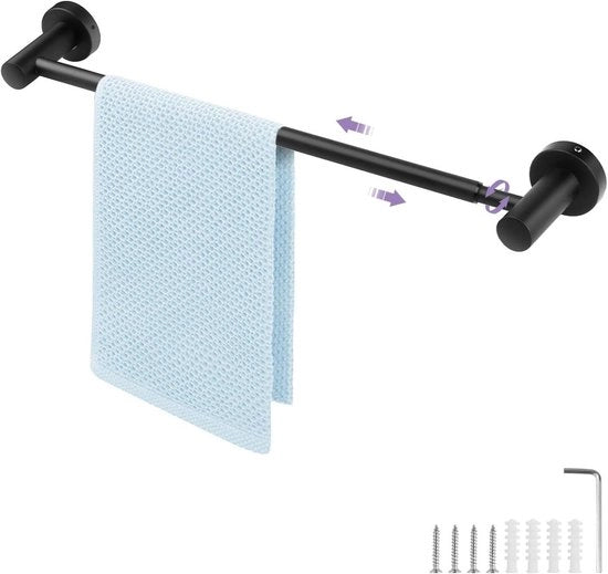 Maniglia per asciugamani regolabile - Verniciatura in materica nera - Da 36 cm a 65 cm - Acciaio inossidabile 304 - Con fori - Per camera da letto, bagno e soggiorno