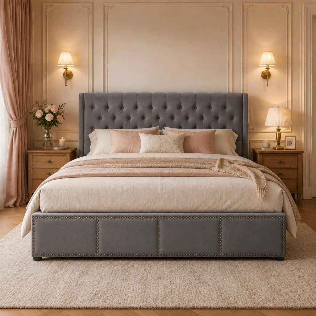Letto imbottito 140x200 cm in velluto grigio con contenitore, testiera alta e finitura con borchie