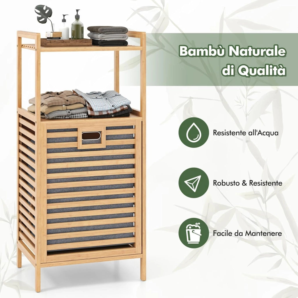 Mobiletto con Portabiancheria a 2 Ripiani da Bagno a Ribalta, Cesto per Bucato in Bambù da 43L, Cesto per Lavanderia Sporca in Tessuto Pieghevole, 43,5 x 33 x 96 cm, Naturale
