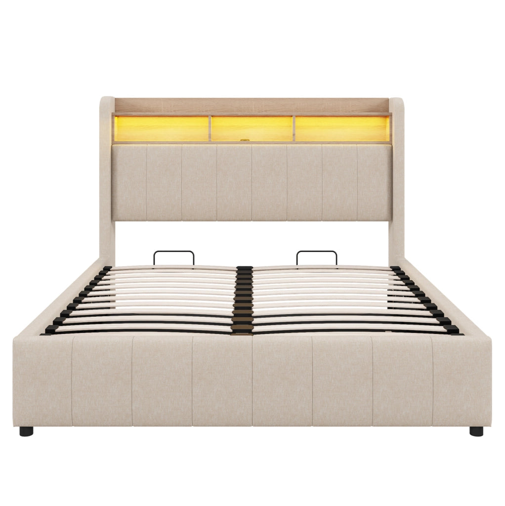 Letto imbottito 160x200 cm con LED, USB/Type-C e vano contenitore