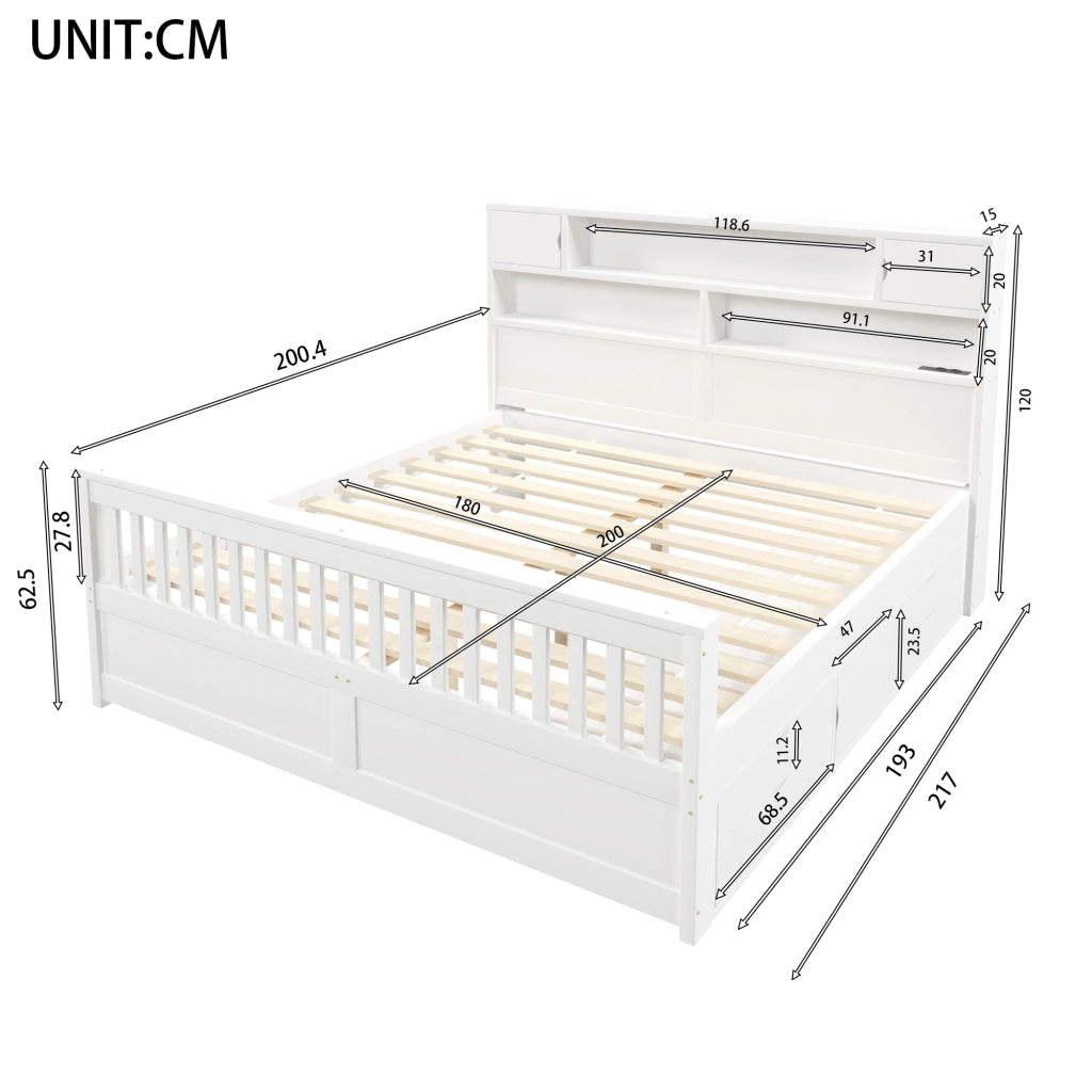 LETTO con testiera libreria 180x200 cm Bianco con 4 cassetti e LED