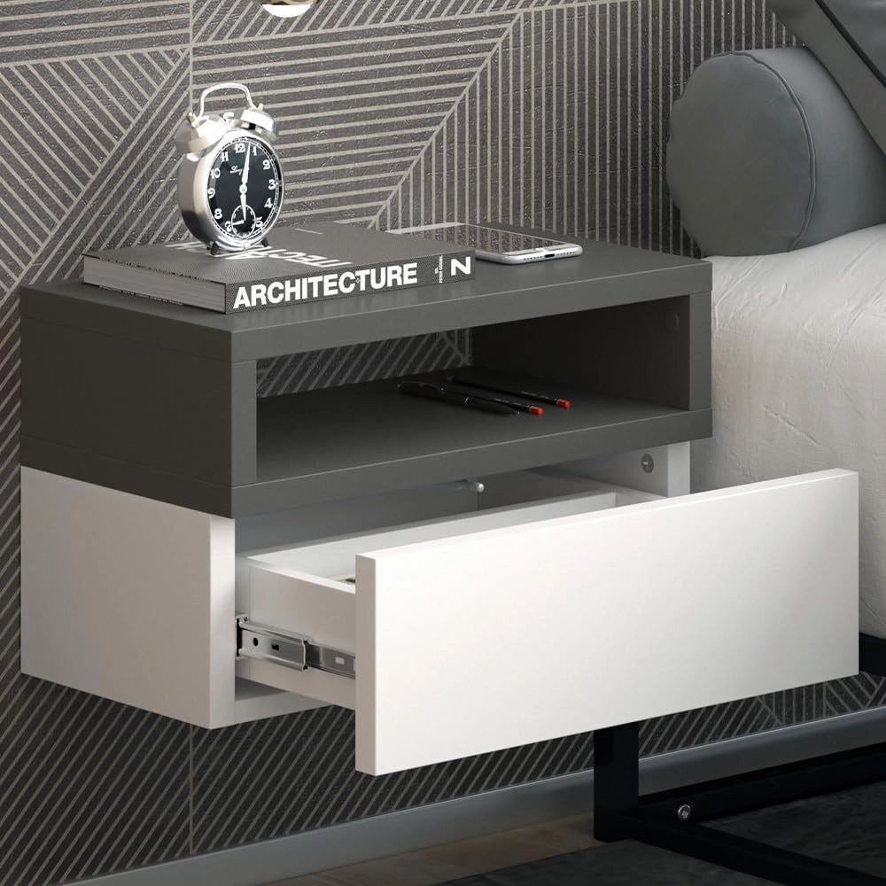 Comodino camera da letto Urbano, Antracite, Set di 2, montabile a parete per un utilizzo salvaspazio in camera da letto