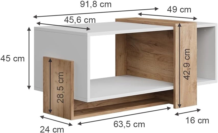 Tavolino Aven, Rovere bianco/dorato, 91.8 x 49 cm, con ripiano aperto per la conservazione di oggetti di uso quotidiano