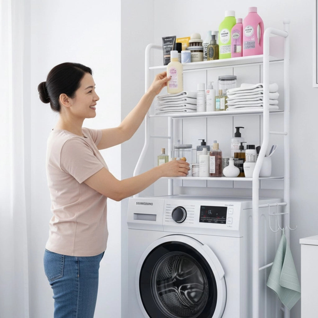 SCAFFALE LAVATRICE SALVASPAZIO BAGNO MOBILE 3 RIPIANI ORGANIZER METALLO BIANCO