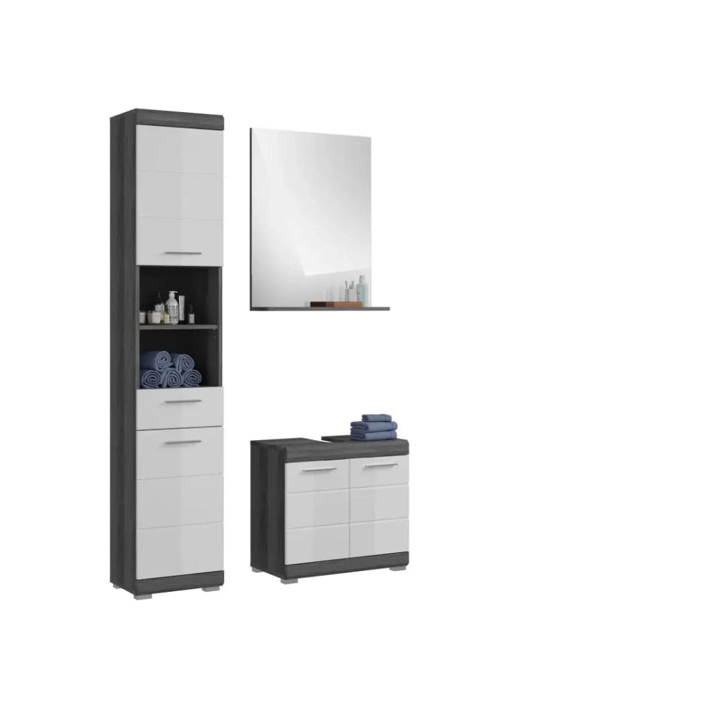 Set bagno SCOTT – Mobile sotto lavabo, specchio e colonna – Grigio scuro e bianco