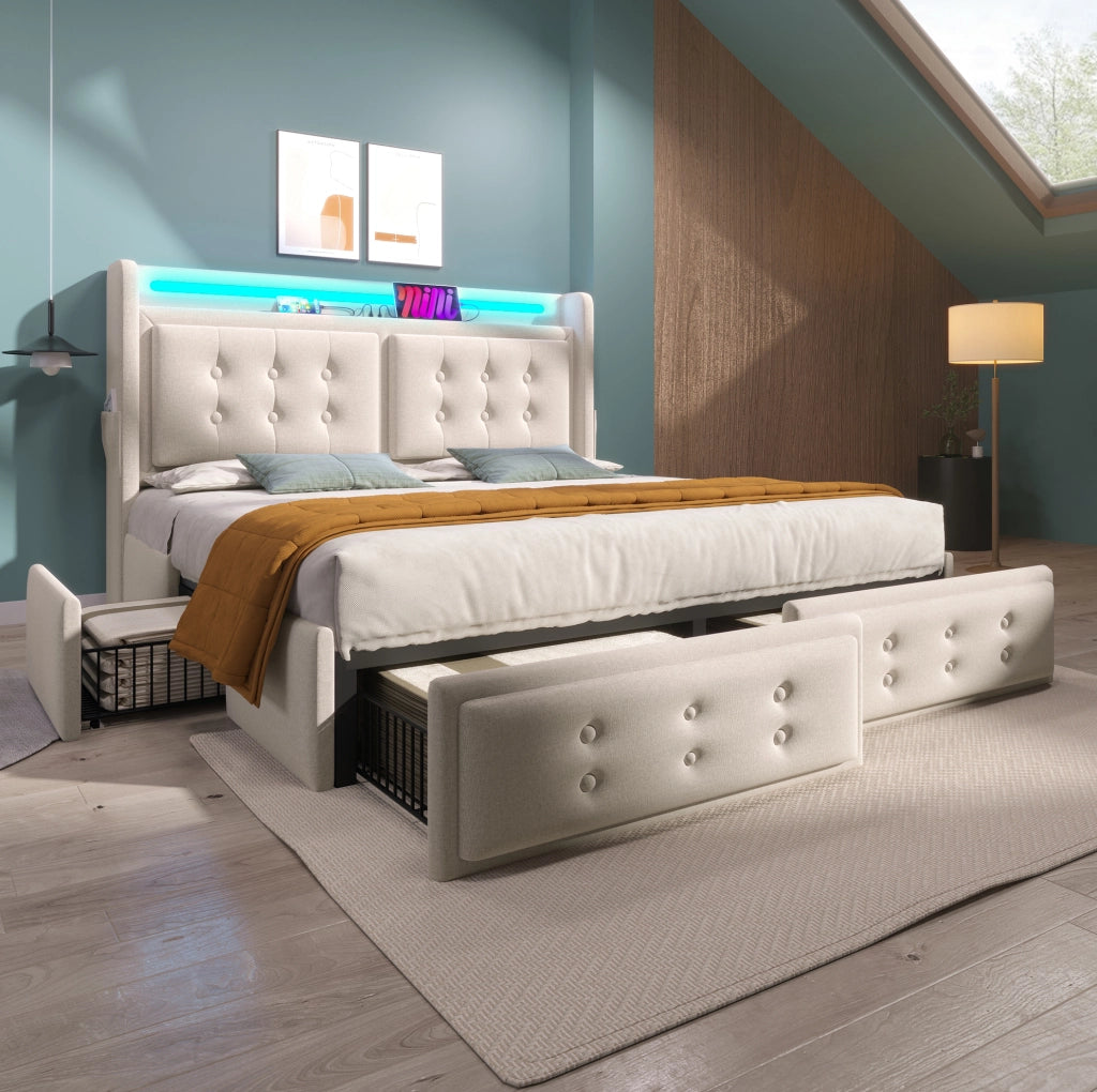 Letto contenitore 140x200 cm con LED; USB C; USB e 4 cassetti; beige
