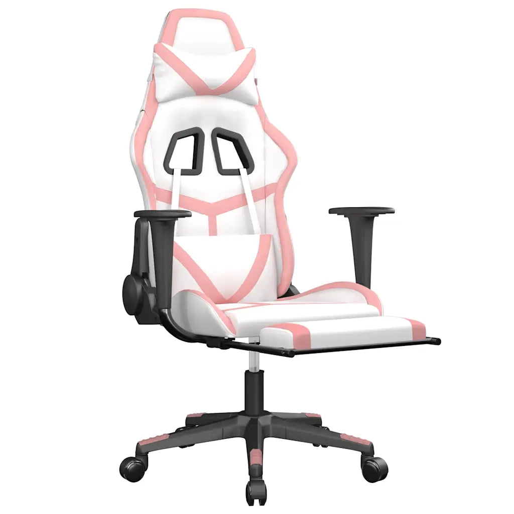 Sedia da Gaming | Sedia da e-sports Massaggio Poggiapiedi Bianco e Rosa Similpelle