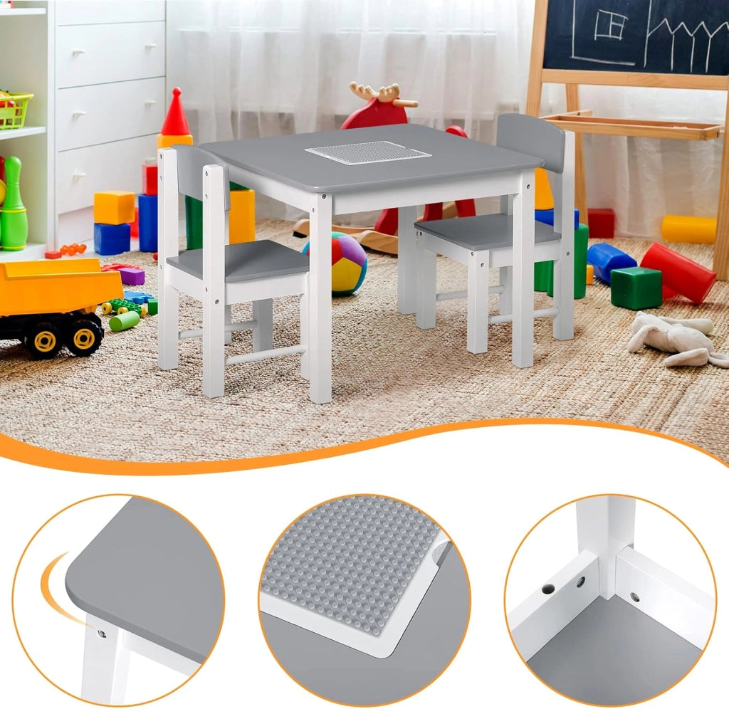 WOLTU Tavolo e Sedie per Bambini, Tavolino per Bambini con 2 Sedie, Scrivania per Bambini, con Base per Blocchi Reversibile e Tasca a Rete, per Cameretta, in MDF, Bianco e Grigio