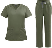 Set di abito di pulizia unisex a V - camicia corta con maniche - 2 tasche - pantaloni con tubi rettilinei - cintura regolabile - uniforme medico