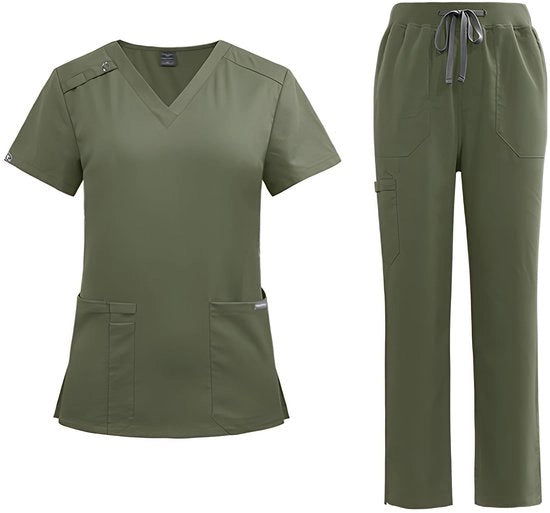 Set di abito di pulizia unisex a V - camicia corta con maniche - 2 tasche - pantaloni con tubi rettilinei - cintura regolabile - uniforme medico