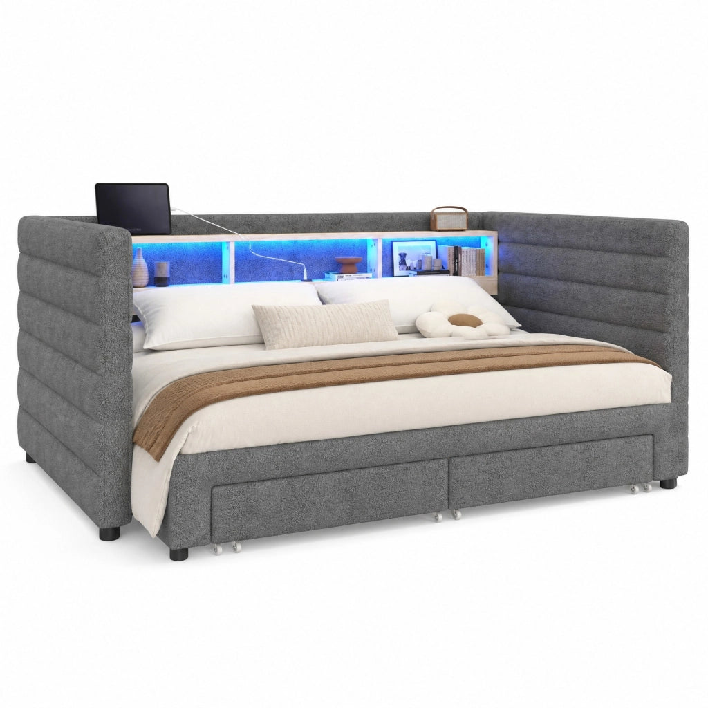 Letto singolo estraibile in velluto grigio 90x190 cm con LED, USB-C e cassetti