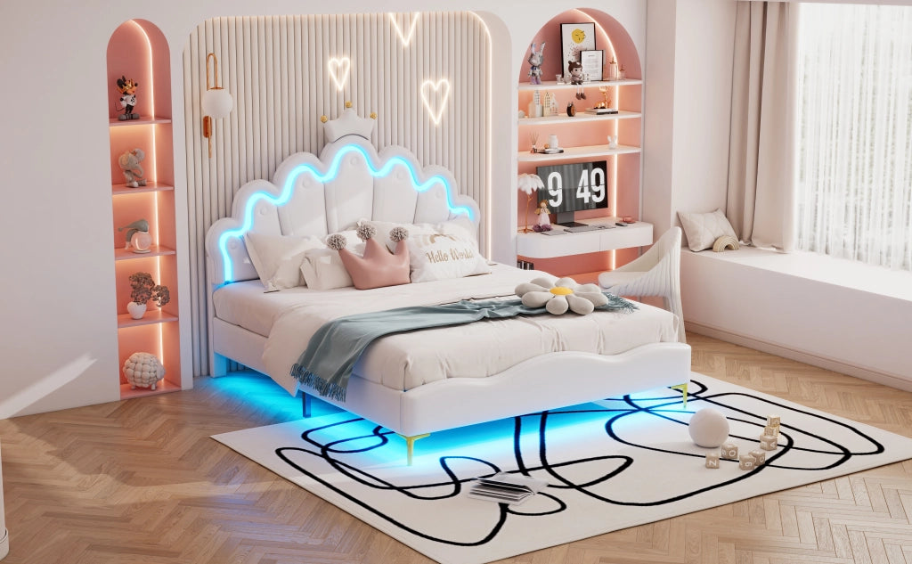 DESMIU Letto Matrimoniale 140 × 200 cm con LED regolabile e testiera regolabile, senza materasso, PU bianco
