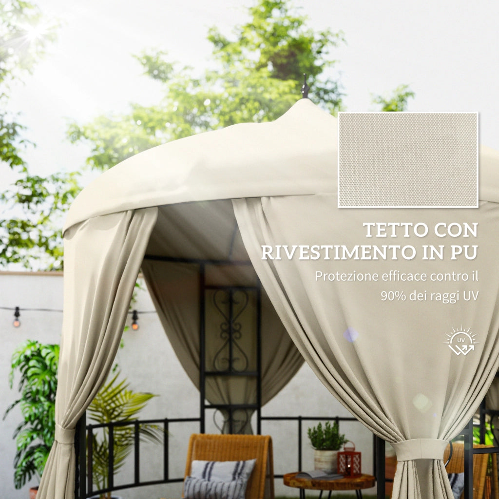 Gazebo da Giardino Rotondo ?3m con Tende e Prese d'Aria in Metallo e Poliestere, Beige