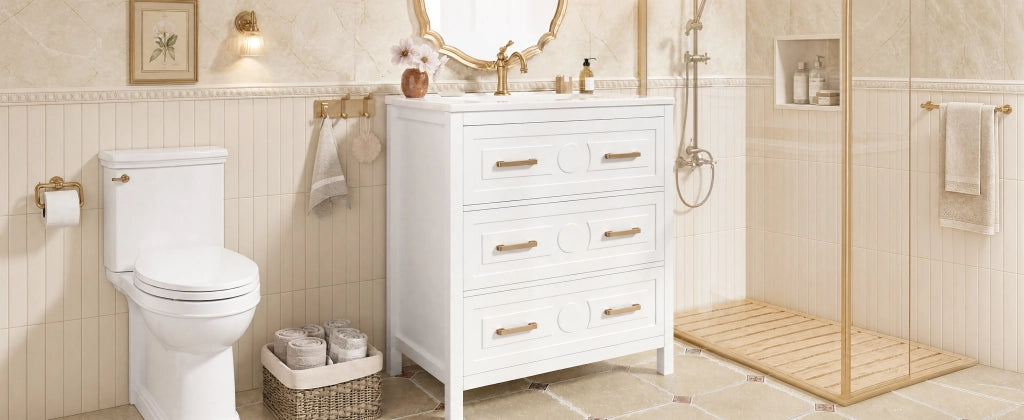Mobile bagno freestanding 76,5 x 47 x 82 cm in MDF con lavabo in ceramica, 3 cassetti, bianco