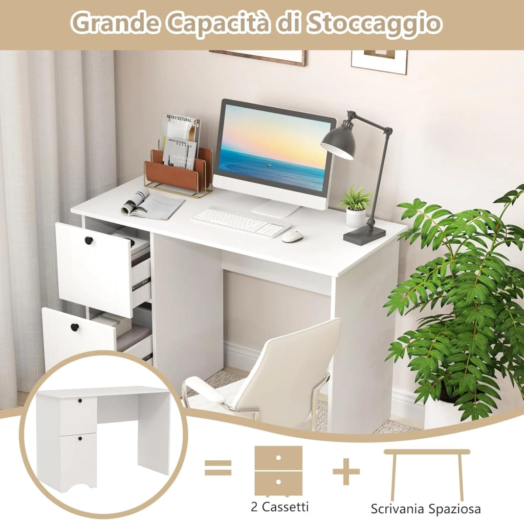 Scrivania per Computer con 2 Cassetti a Maniglia, Scrivania PC Salvaspazio Multifunzionale, Scrivania Gaming per Ufficio, Soggiorno, Camera da Letto e Studio, 109 x 50 x 75 cm (Bianco)