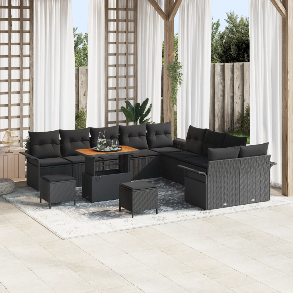 Set divano giardino 13 pezzi con cuscini Nero Polyrattan Acacia