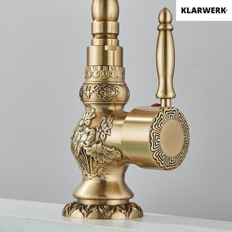 JULIAN | Rubinetto da bagno alto vintage in ottone dorato | Miscelatore retrò in acciaio inox per lavabo freestanding | con rubinetto gastronomico