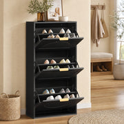 Mobile portascarpe stretto con ribalta; 60x24x114 cm; in MDF e truciolare nero