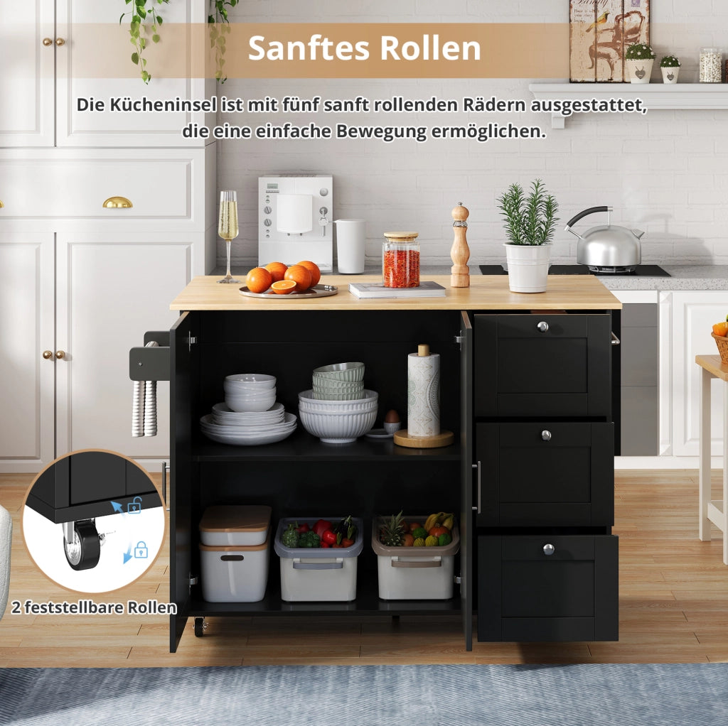 Isola da cucina mobile pieghevole 135x44(70)x90 cm in MDF nero e naturale