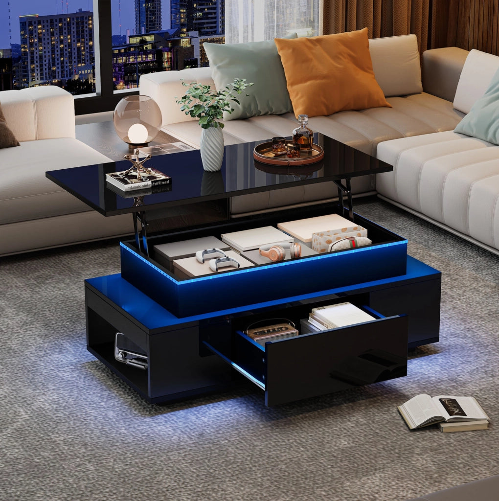 Tavolino da caffè 96x45x40 cm con piano sollevabile; LED e ampio vano contenitore in truciolato nero