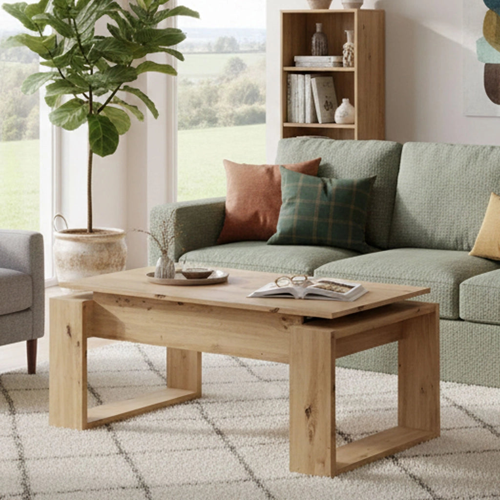 Tavolino da salotto Aspra, Tavolino da caffÒ¨ con piano elevabile, Tavolo basso da soggiorno, cm 105x55h45/56, Rovere nodi