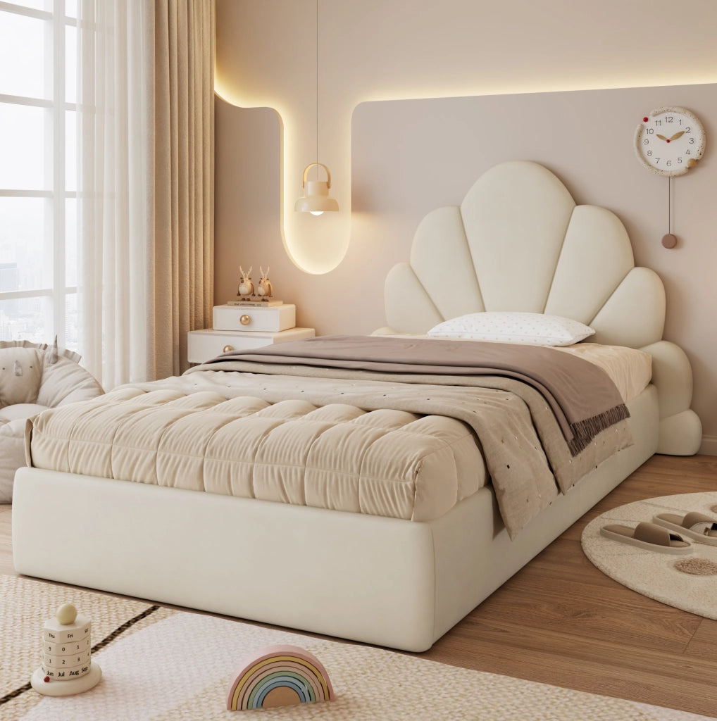 Letto imbottito singolo beige con testiera a petali, 90 x 200 cm