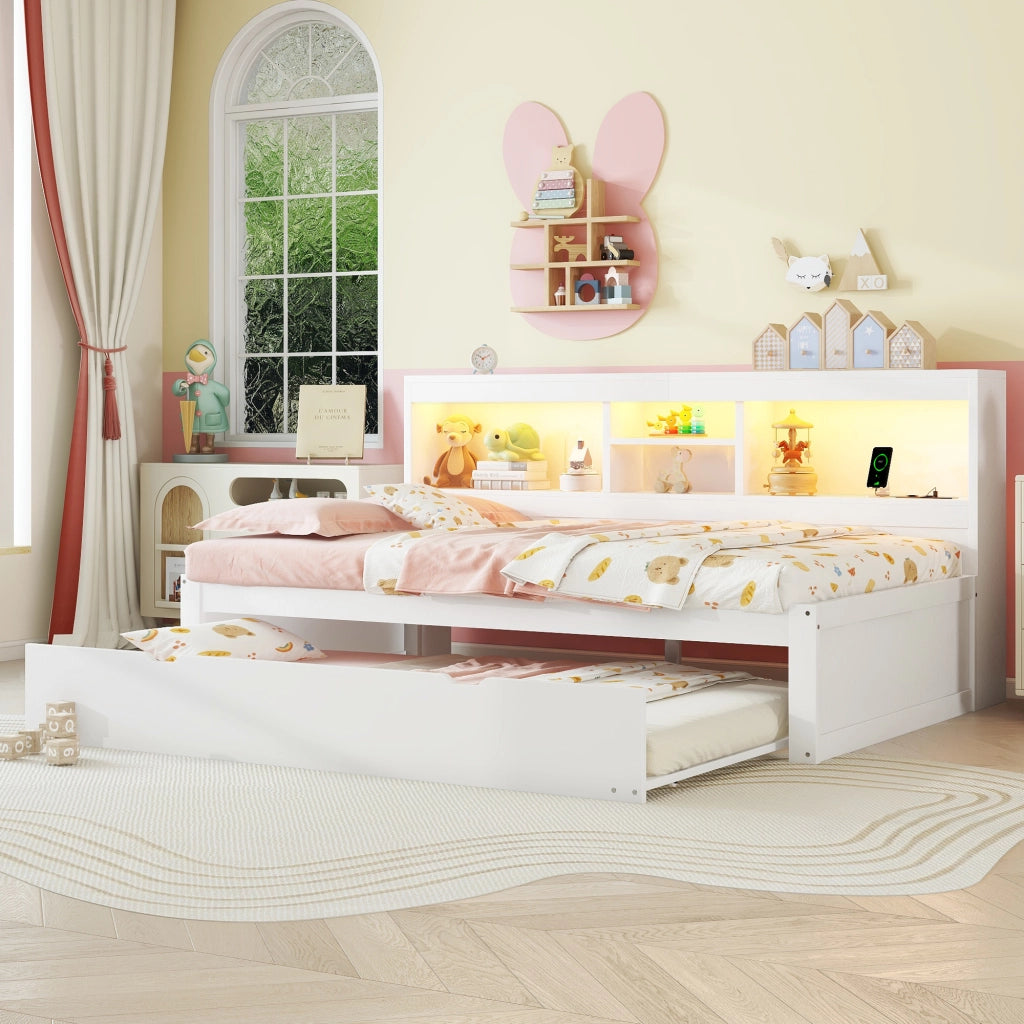Letto estraibile singolo 90×200 cm con LED; vano laterale; prese e USB; senza materasso; bianco