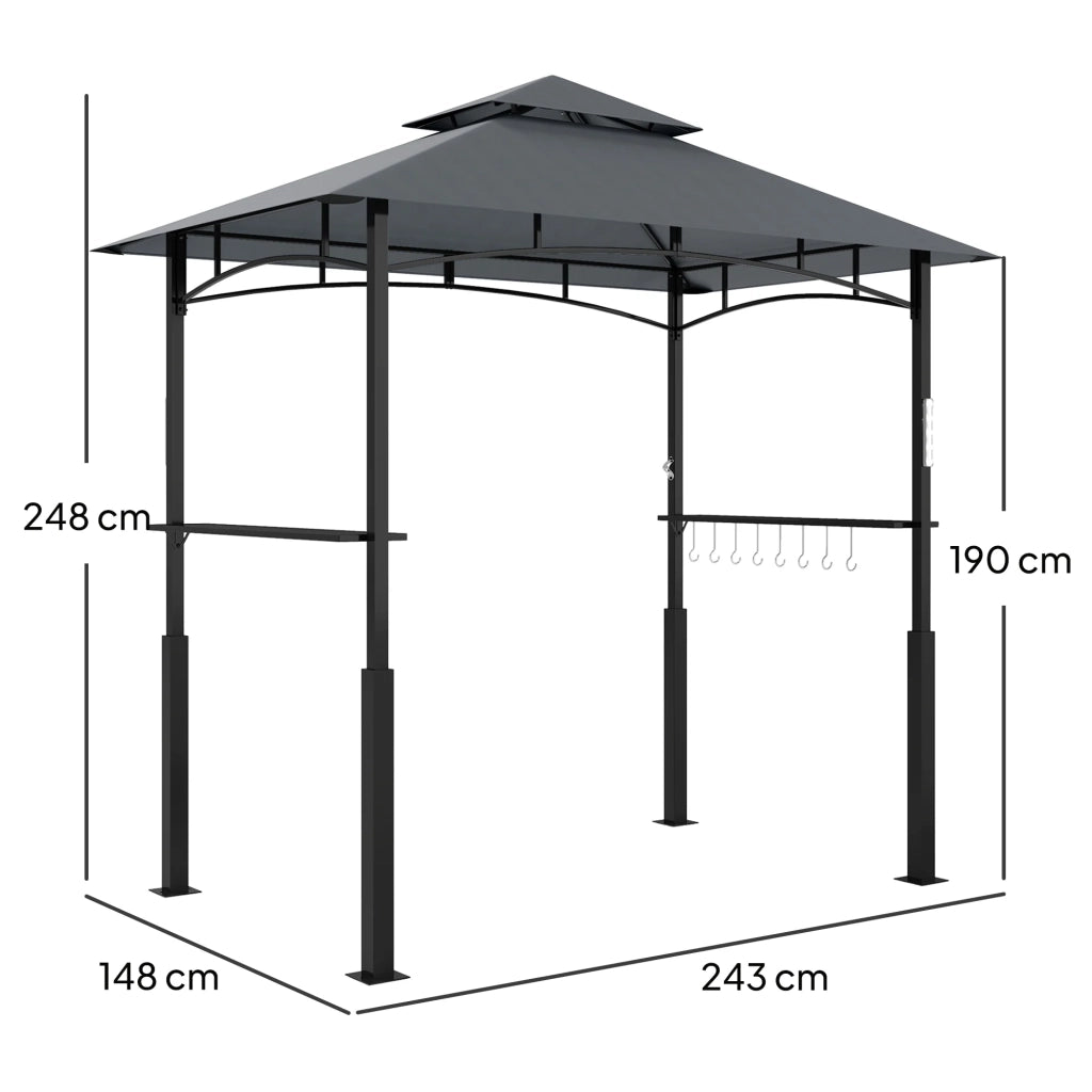 Gazebo per barbecue da giardino doppio tetto 243 x 148 x 248 cm ripiani ganci contemporaneo e in metallo grigio scuro 21_0004876