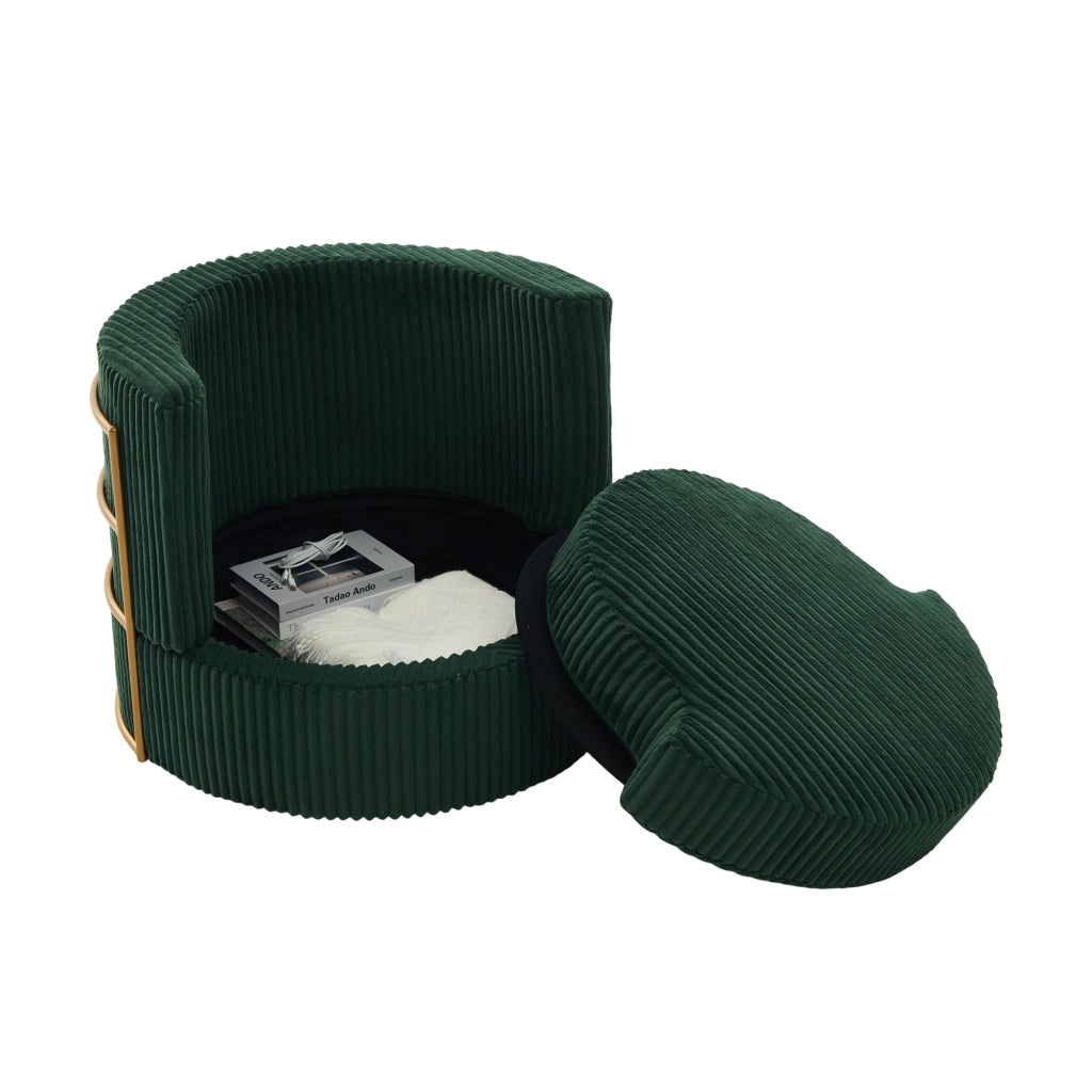 Poltrona girevole 360° con contenitore e seduta imbottita in corduroy verde smeraldo 76×79×78 cm