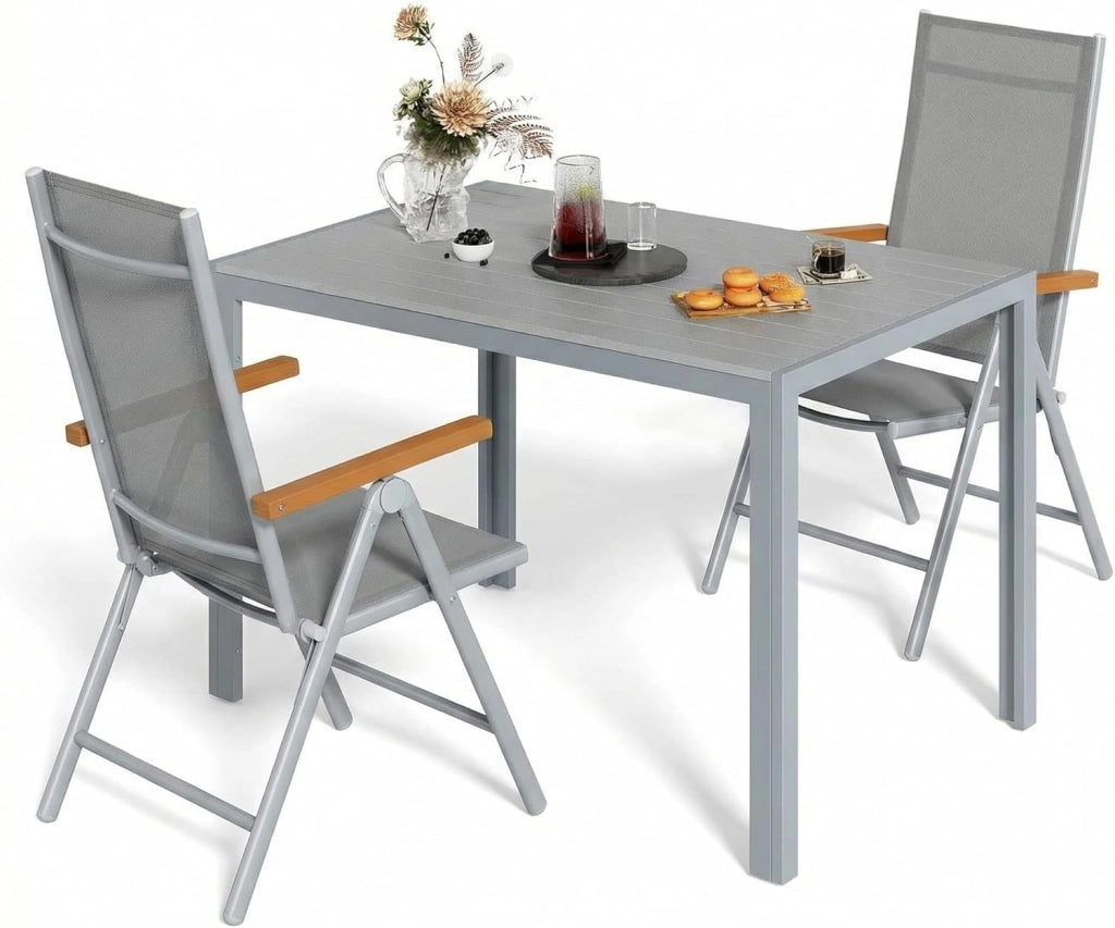 Set di 5 Mobili da Giardino in Alluminio, Tavolo Rettangolare 110x70 cm + 4 Sedie Pieghevoli Regolabili, Resistente alle Intemperie, Arredamento per Terrazza, Balcone e Esterno, Grigio Argento