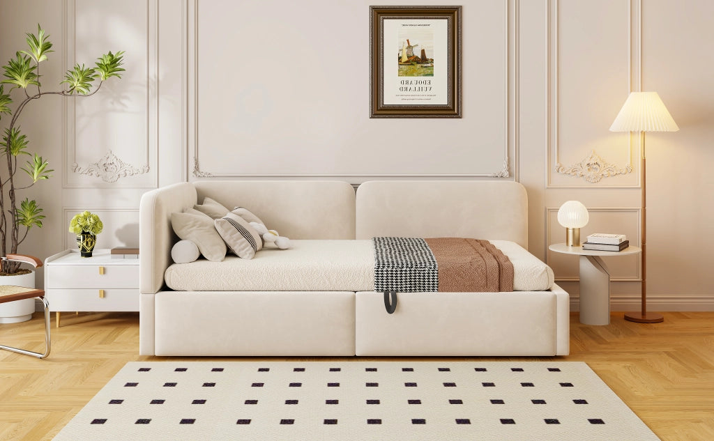 Divano letto in velluto con contenitore idraulico e testiera alta, 90x200 cm, beige