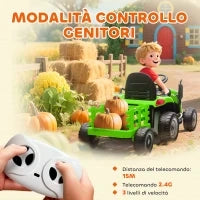 Trattore Elettrico per Bambini con Rimorchio Staccabile e Telecomando, in Plastica e Metallo, 139x58x55 cm, Verde