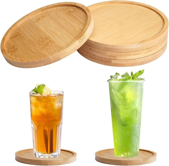 Piatti di vetro per fioriera in legno di bambù a forma rotonda - Set di 4, diametro esterno 11 cm