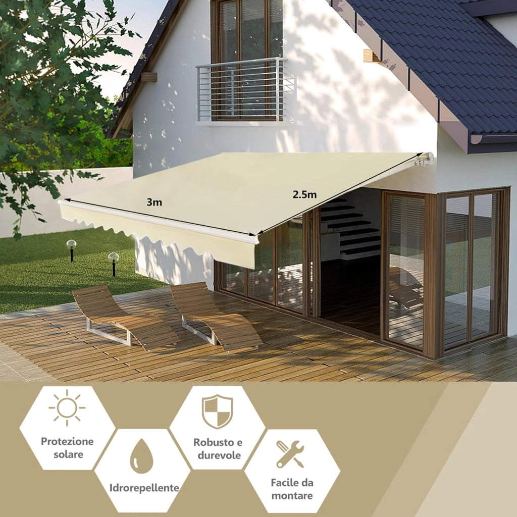 Tenda da Sole per Esterno Avvolgibile 3 x 2,5 M, Tenda da Sole a Bracci Estensibili con Telaio in Alluminio, Tettuccio Resistente al Sole e Impermeabile e Manovella (3 x 2,5 M, Beige)