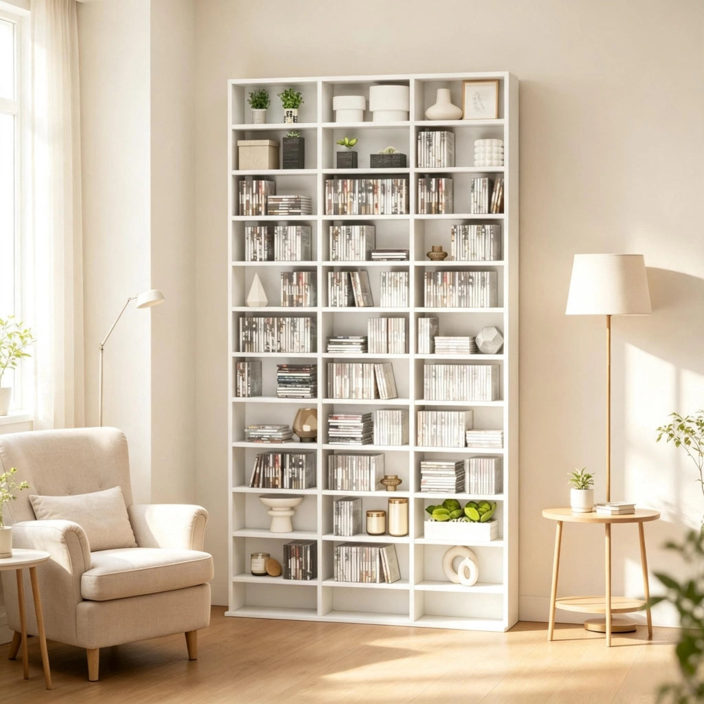 Scaffale classico moderno, torre portaoggetti funzionale per media e decorazioni, libreria per CD e DVD