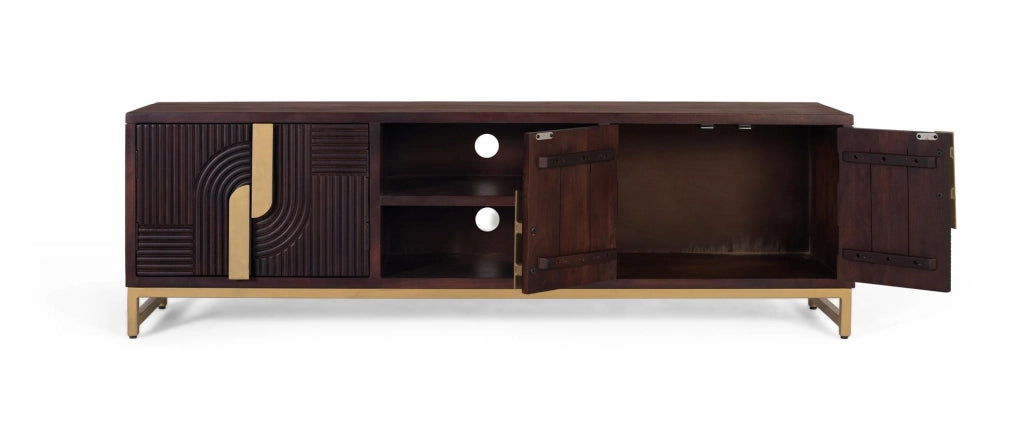 Mobile TV in legno massello di mango con base in metallo dorato