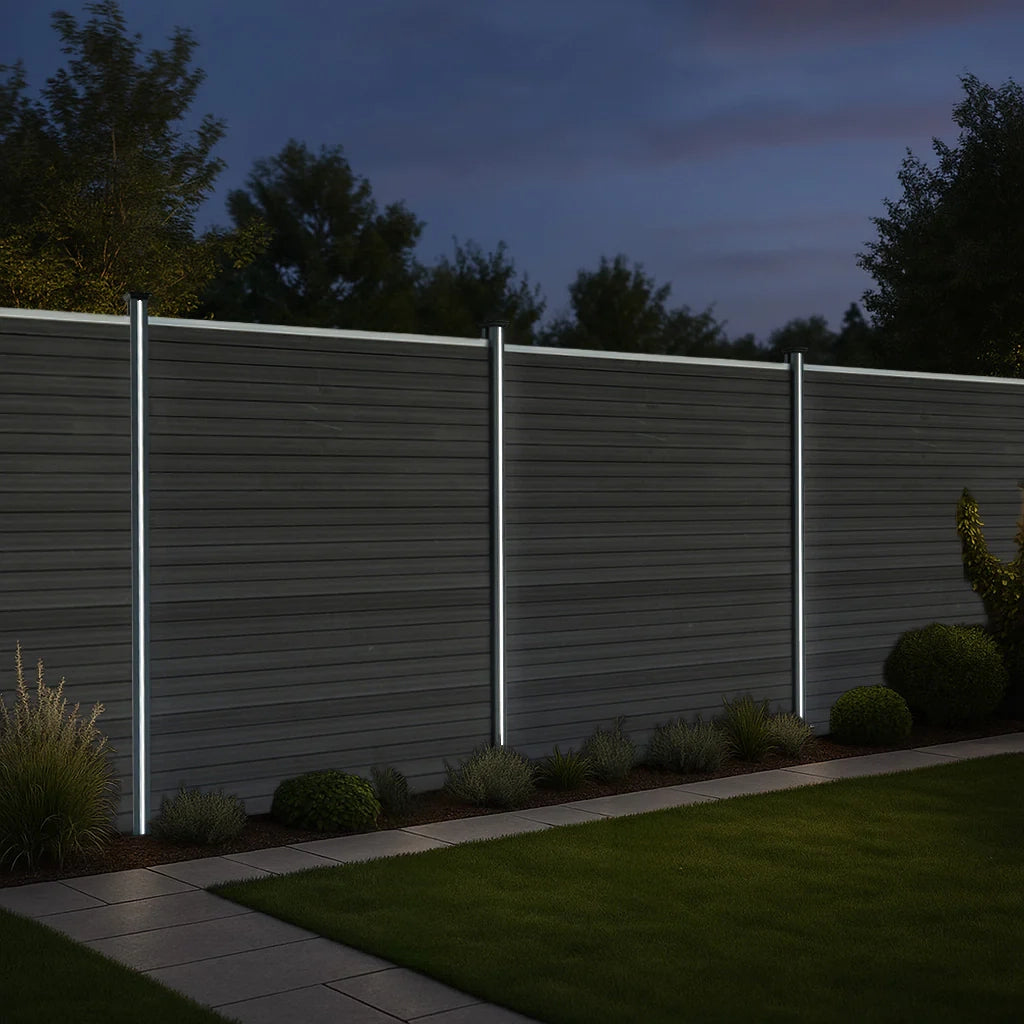 Pannelli Recinzione x9 + 10 Pali Alluminio LED Grigio Doghe PVC 185cm