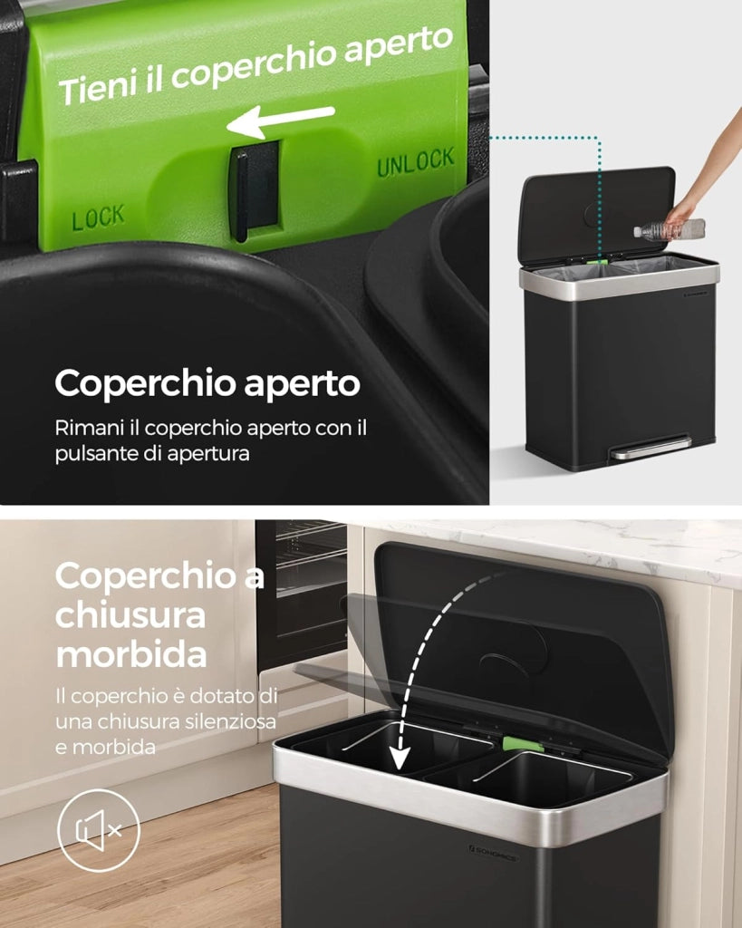 Pattumiera a Doppio Secchio, 2 x 30L, Cestino in Acciaio Inox e 15 Sacchetti di Rifiuti, con Secchi Interni in Plastica, Coperchi a Chiusura Morbida, 58,2 x 31,5 x 60,5 cm, Nero LTB202B01