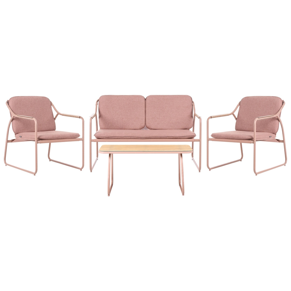 Set da Giardino con Divano 4 Posti in Acciaio Marrone con Cuscini in Olefina e Tavolino da Caffè in Vetro Temperato dal Design Moderno