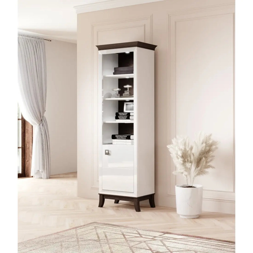 Vetrina 1 porta bassa collezione PALACE. Colori bianco e rovere scuro.