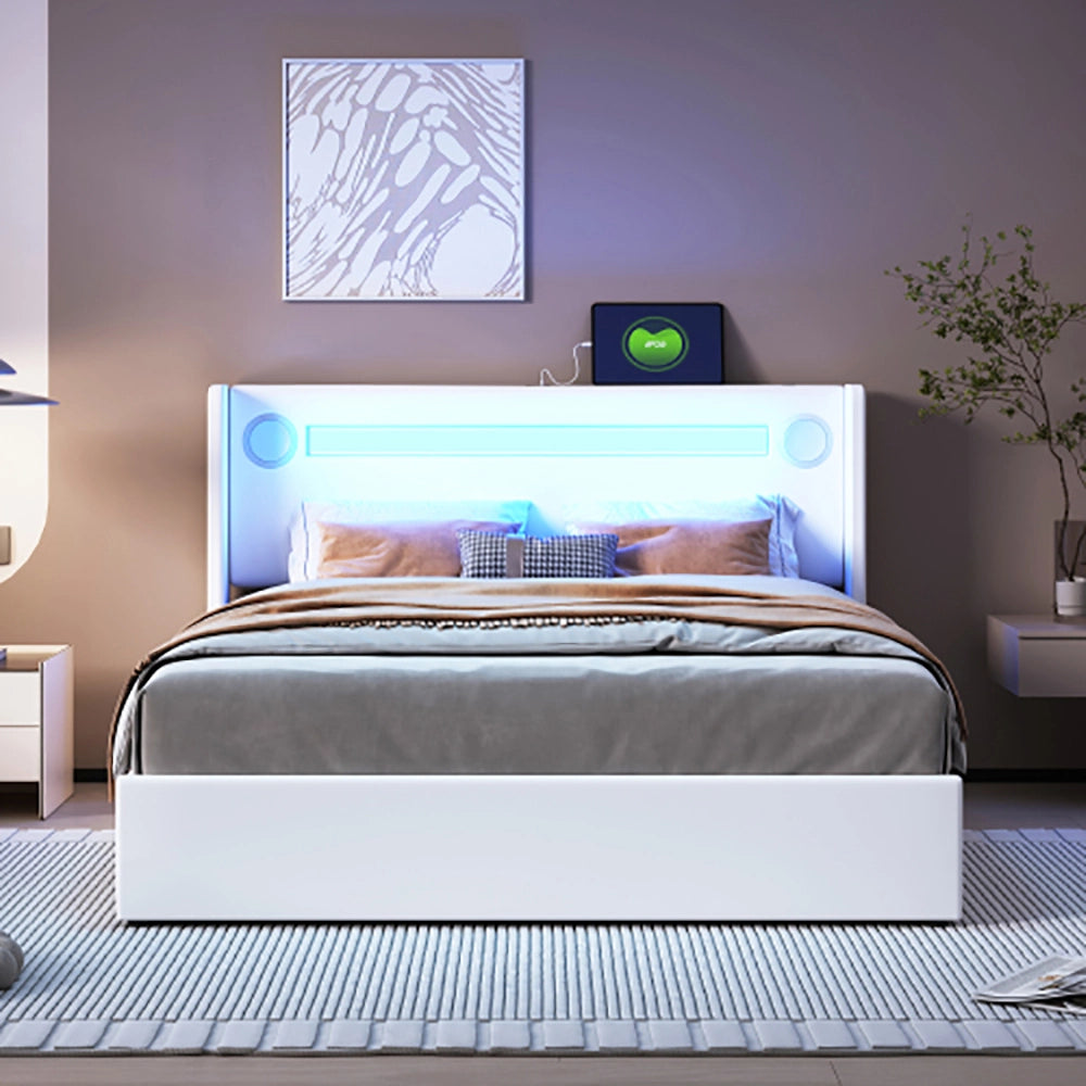 Letto a cassone con LED Bluetooth - Xylo - 140x200 cm - Bianco - USB in Pelle PU