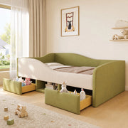 Letto imbottito per bambini 90 x 190 cm in velluto verde e avorio con 2 cassetti