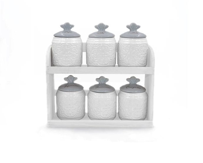 Set 6 Barattoli da Cucina Spezie in Ceramica con Mensola Decoro Grigio